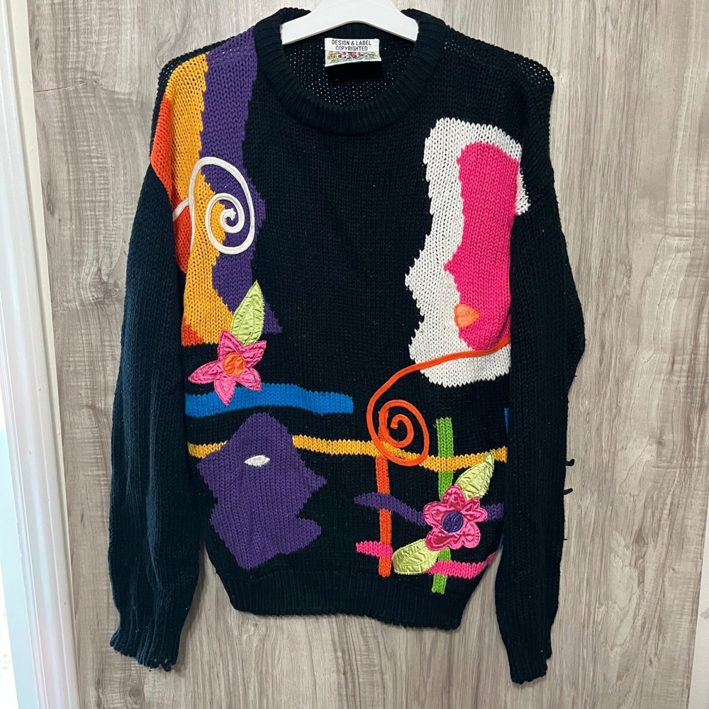 Vintage CSL Cherry Stix Limited Hand Knit Womens L Floral embroidered Sweater